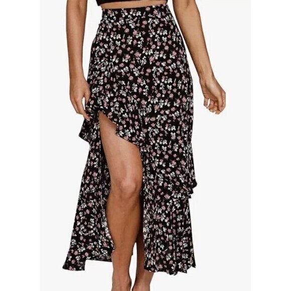 BTFBM Size‎ S Skirt Boho Elastic Waist Split Ruffle High Low Beach Maxi Floral - Picture 1 of 8